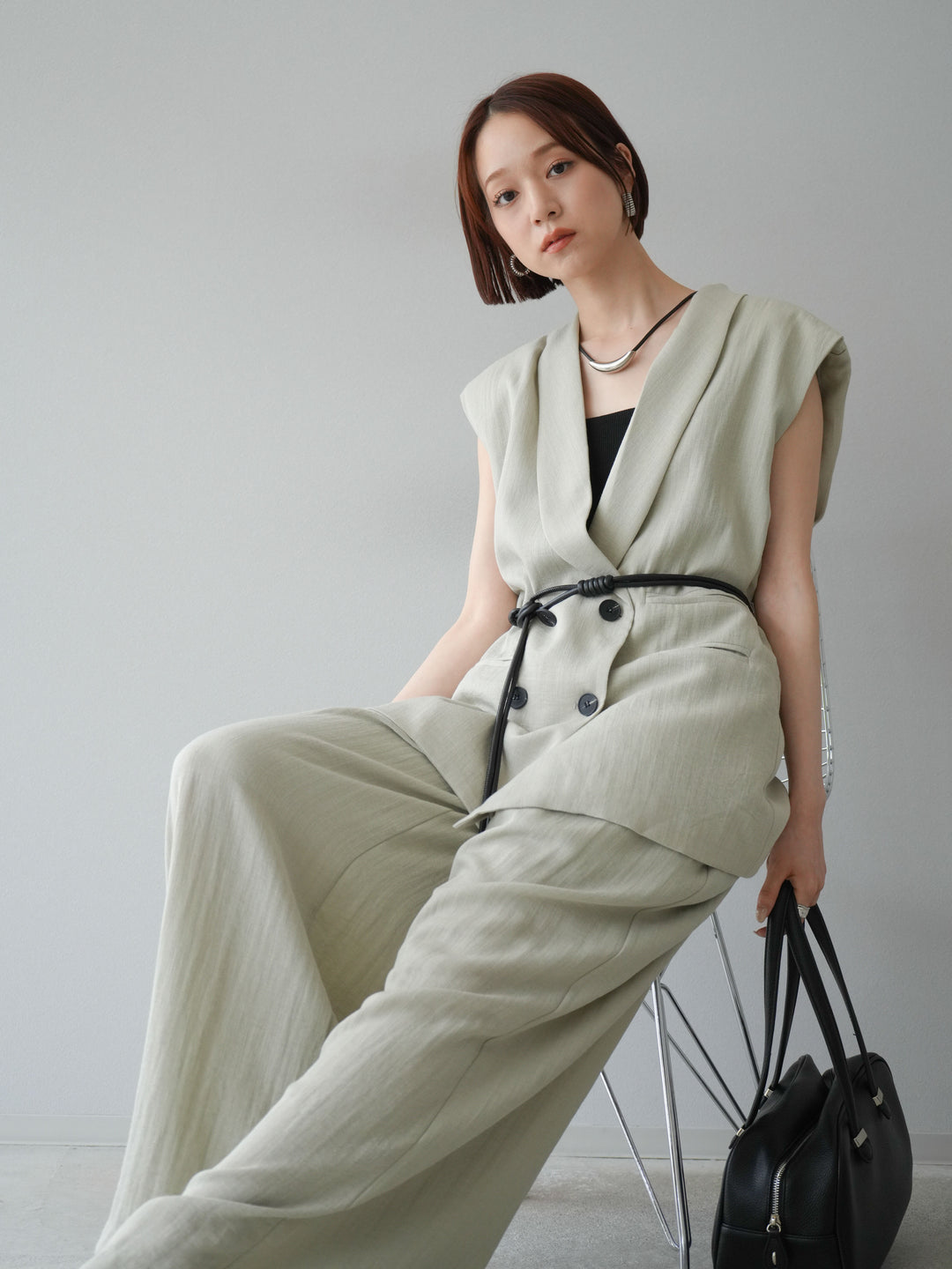 [套裝] 亞麻質感腰帶背心和褲子套裝（2 組）