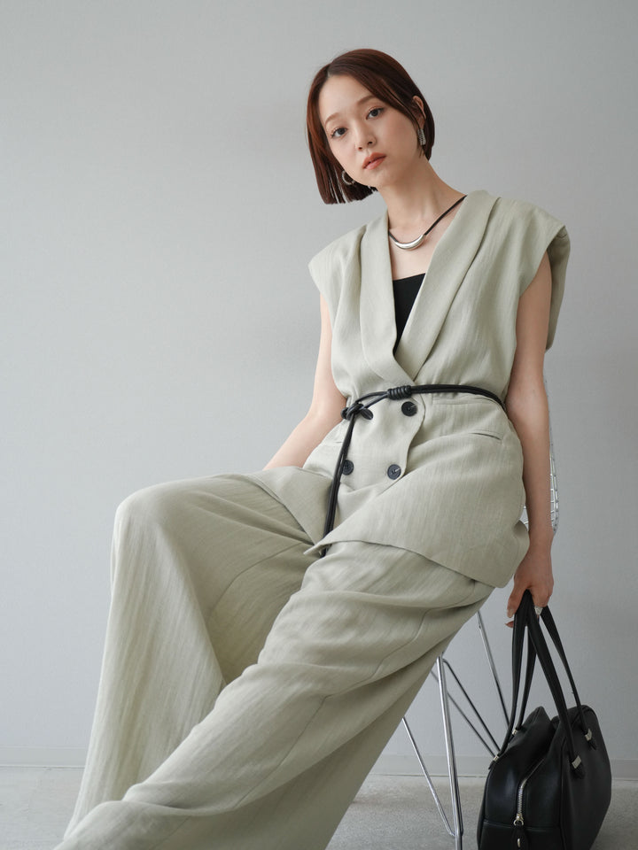 [套裝] 亞麻質感腰帶背心和褲子套裝（2 組）