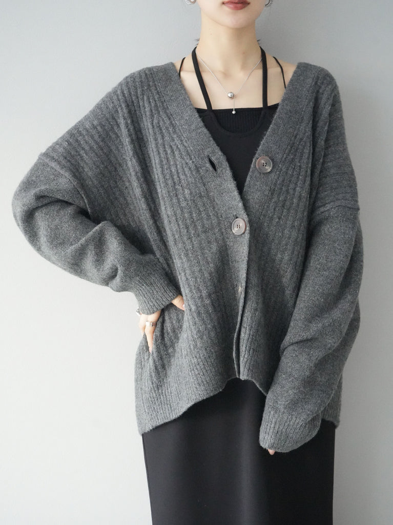 予約]ワイドリブニットカーディガン/チャコール – Lumier
