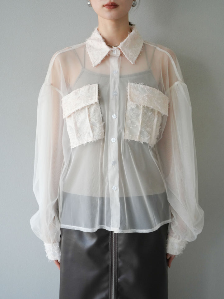 [予約]フリンジジャガード×チュールレイヤードシャツ/アイボリー