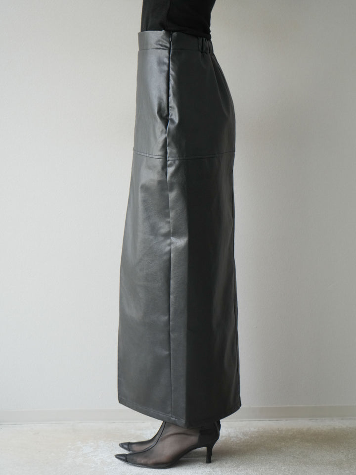 [予約]フェイクレザーフロントスリットスカート/ブラック
