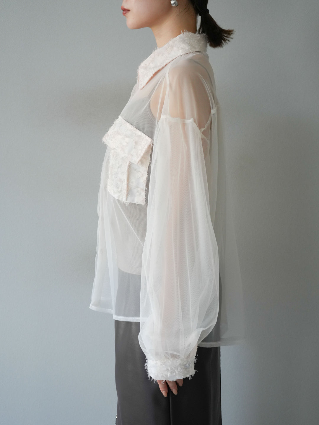 [予約]フリンジジャガード×チュールレイヤードシャツ/アイボリー