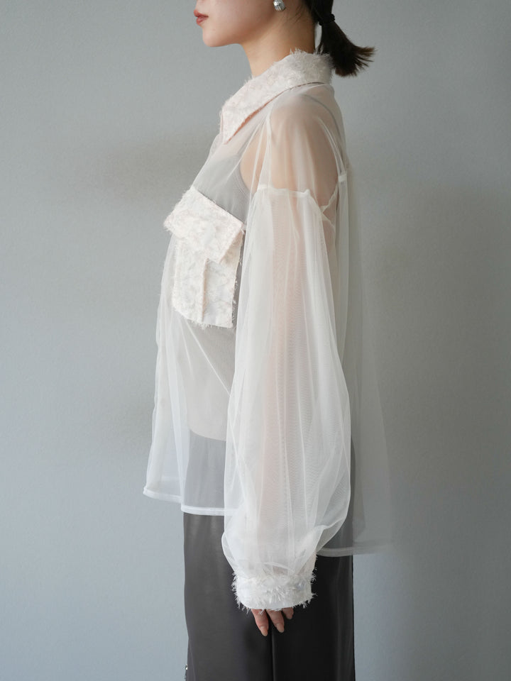 [予約]フリンジジャガード×チュールレイヤードシャツ/アイボリー