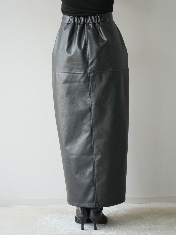 [予約]フェイクレザーフロントスリットスカート/ブラック