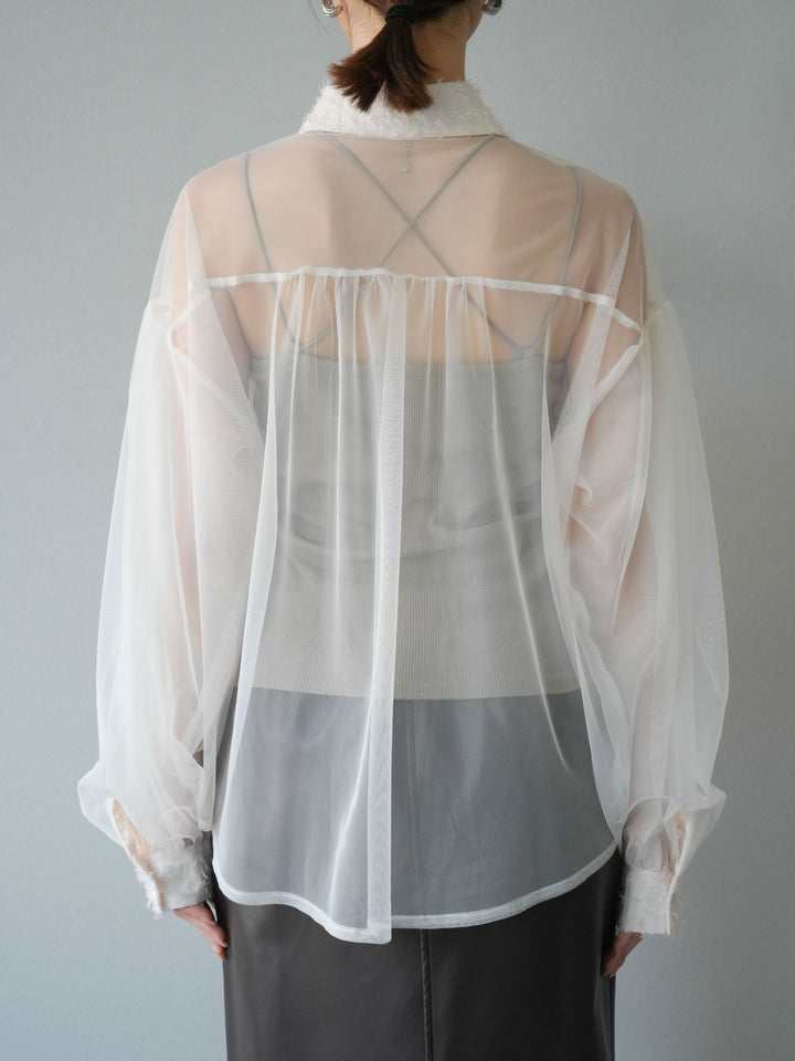 [予約]フリンジジャガード×チュールレイヤードシャツ/アイボリー