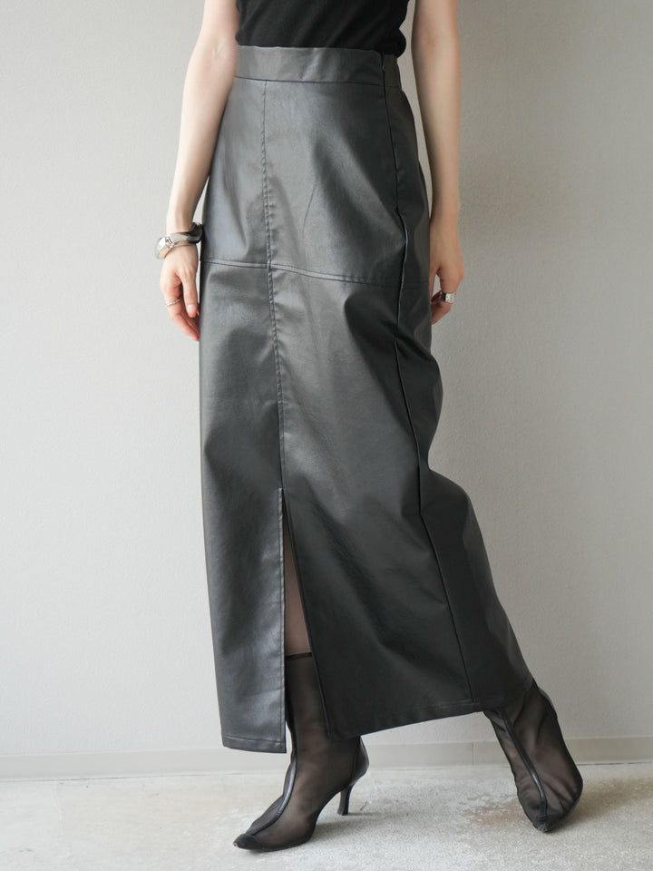 [予約]フェイクレザーフロントスリットスカート/ブラック