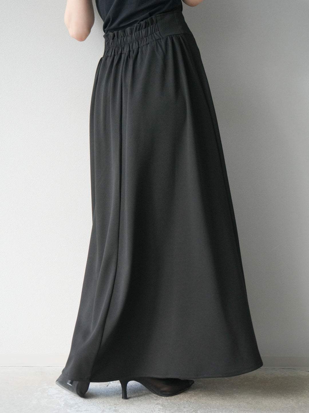[予約]ポンチフロントZIPフレアロングスカート/ブラック