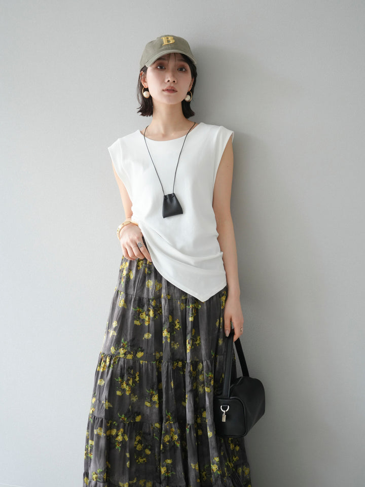 [予約]サイドギャザーTシャツ＆巾着レザーネックレスSET /ホワイト