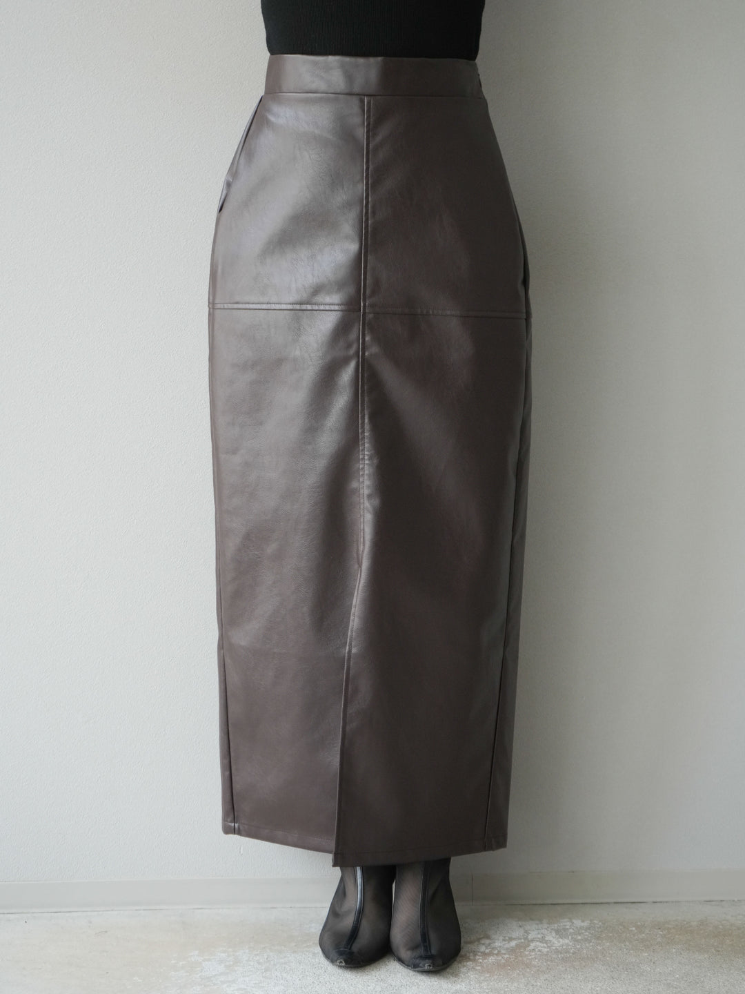 [予約]フェイクレザーフロントスリットスカート/ブラウン