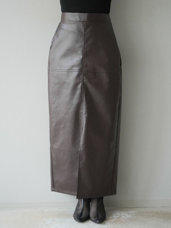 [予約]フェイクレザーフロントスリットスカート/ブラウン