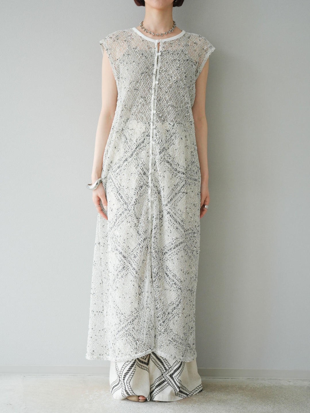 [預訂] 2WAY 棉絨網眼連身裙/米白色