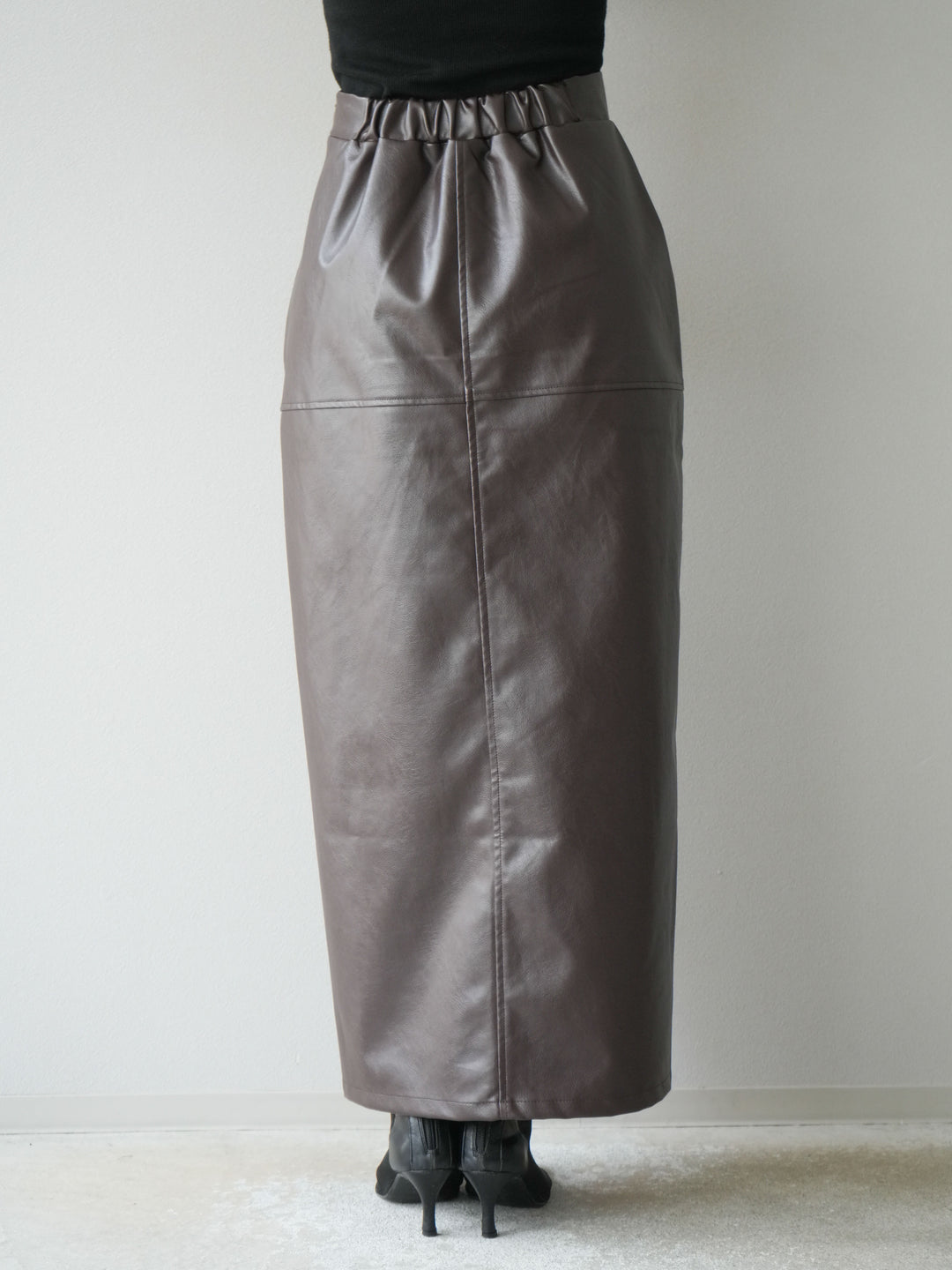 [予約]フェイクレザーフロントスリットスカート/ブラウン