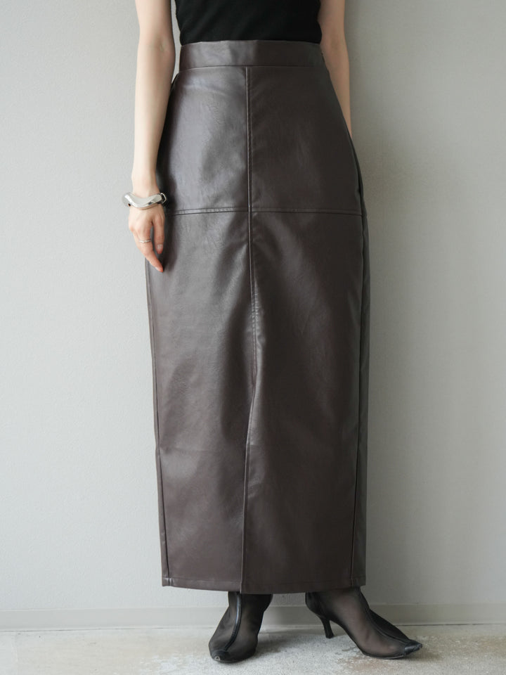 [予約]フェイクレザーフロントスリットスカート/ブラウン