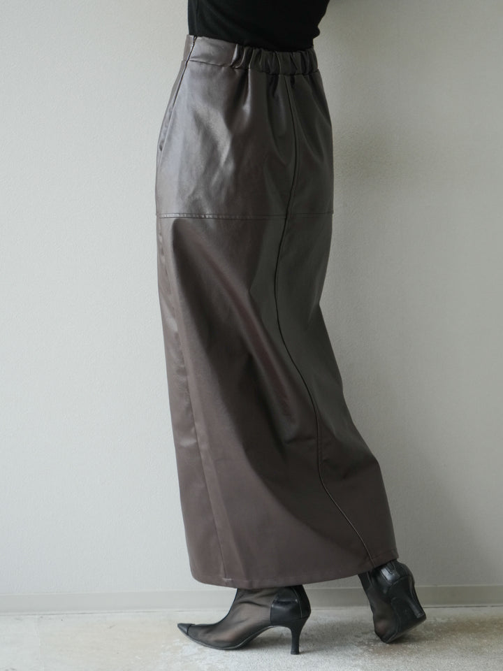 [予約]フェイクレザーフロントスリットスカート/ブラウン