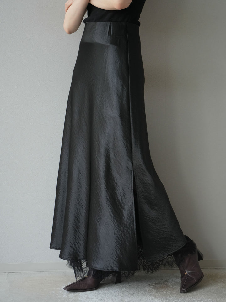 [予約]裾レースサテンナロースカート/ブラック