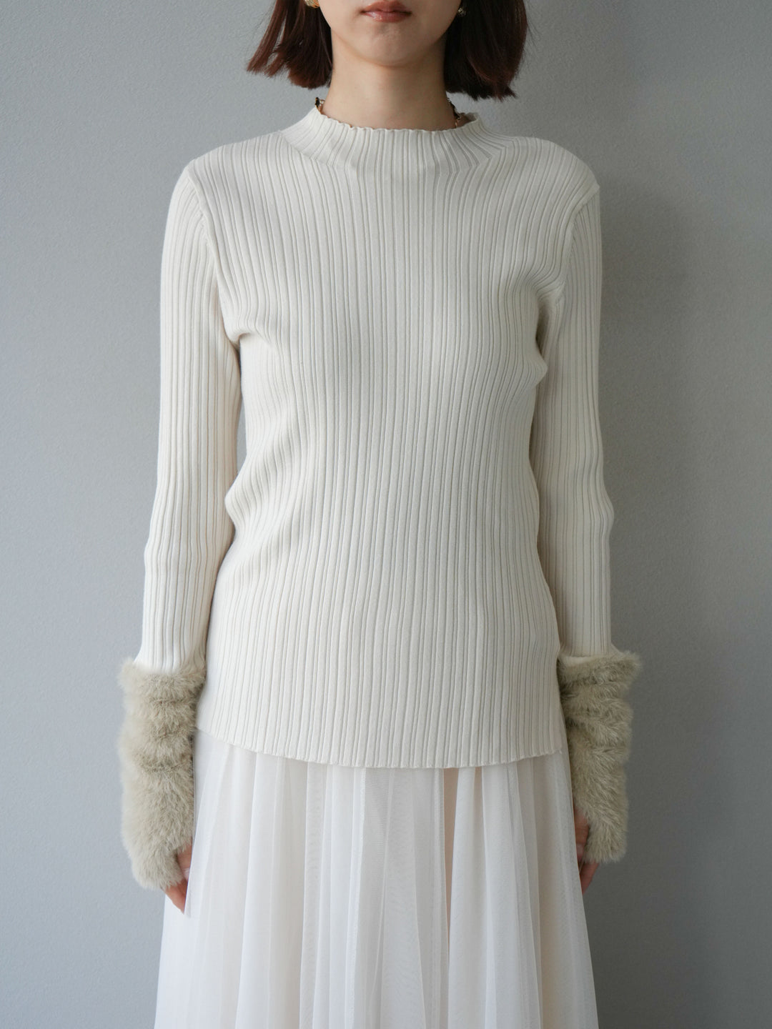 [予約]アームシャギーランダムリブニットトップス/アイボリー