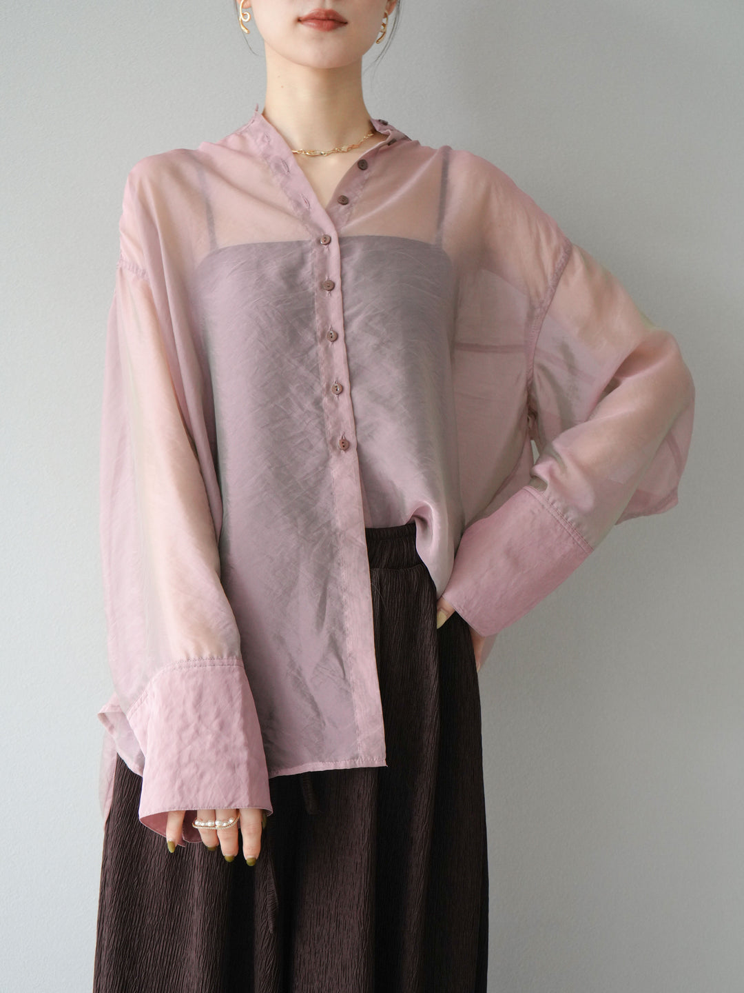[SET] 亮面透視立領襯衫 + 亮面透視立領襯衫 (2 件套)
