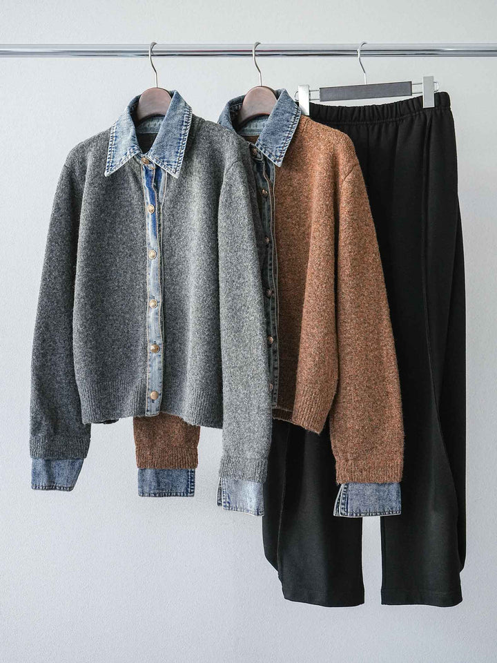【着回しセット】[SET]デニム襟ボタンニットカーディガン+デニム襟ボタンニットカーディガン+2WAYデザインスウェットパンツ(3set)