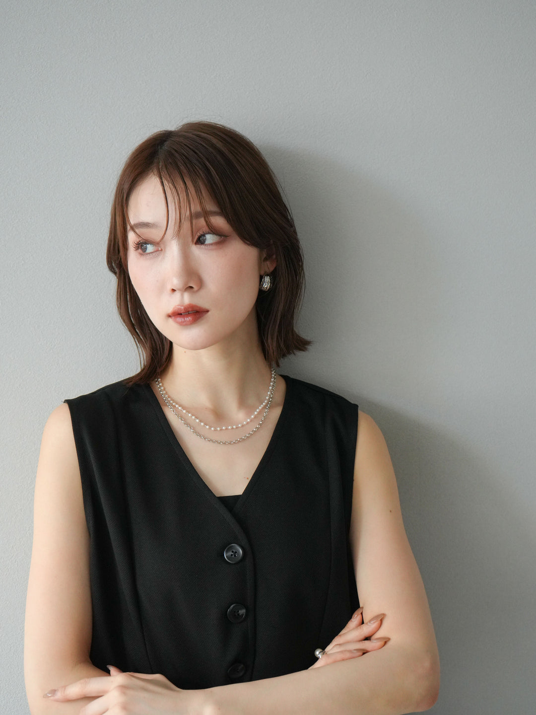 [予約]パール×デザインチェーン２連ネックレス/シルバー