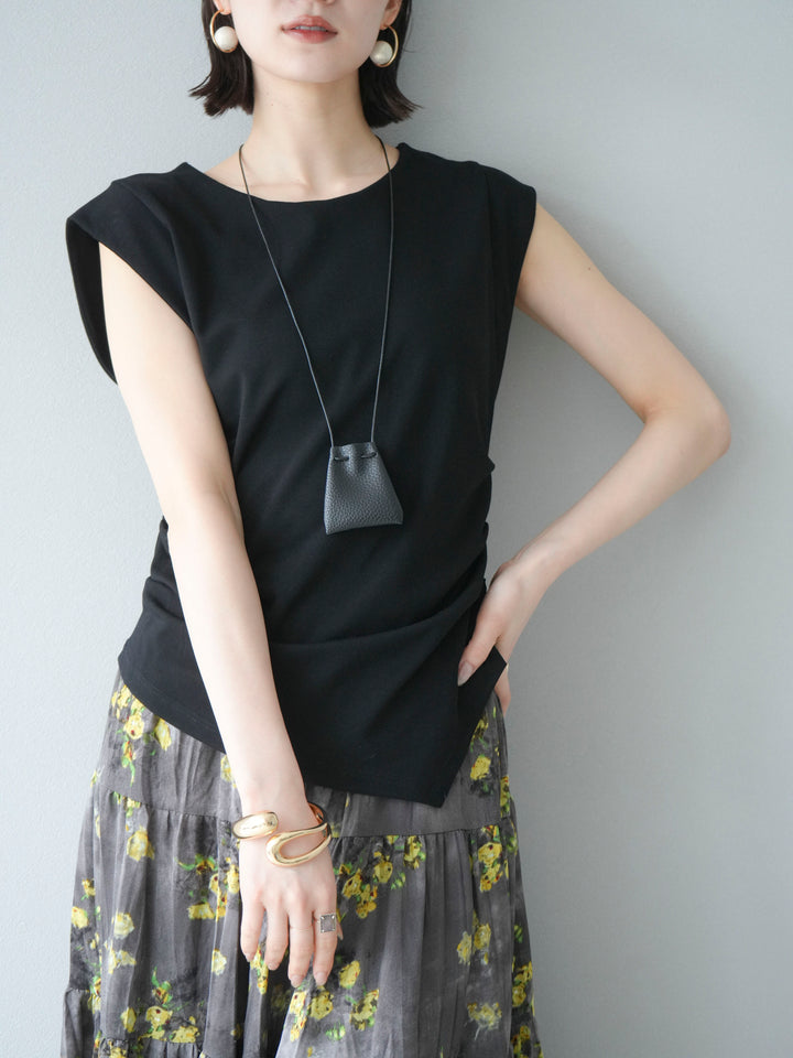 [予約]サイドギャザーTシャツ＆巾着レザーネックレスSET /ブラック