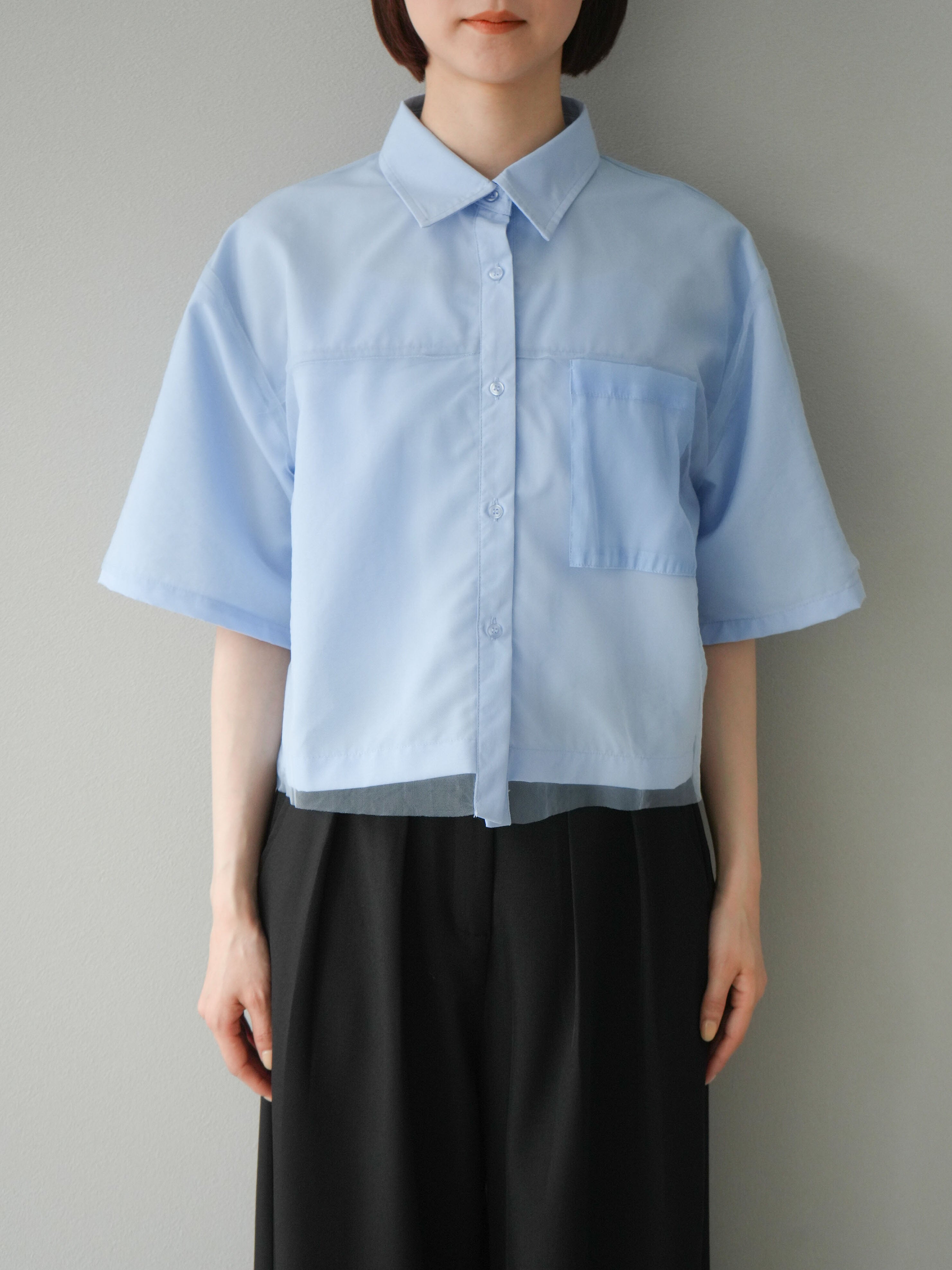 予約]フロントシームチュールレイヤードハーフシャツ/ブルー – Lumier