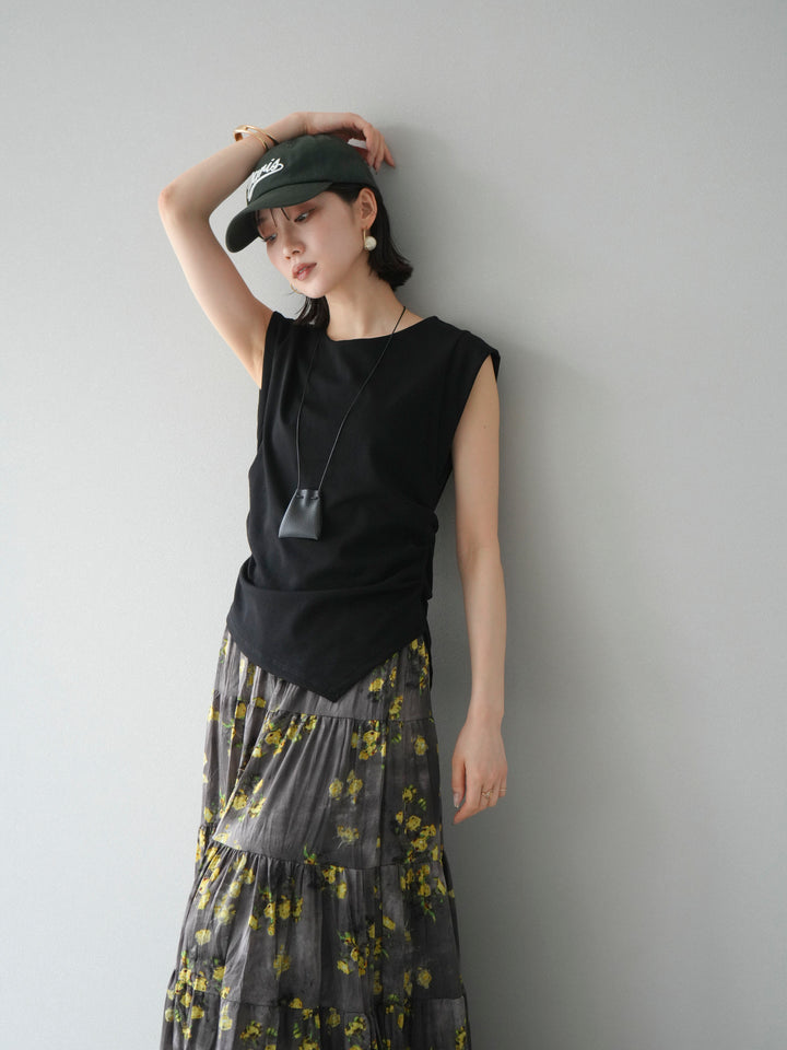 [予約]サイドギャザーTシャツ＆巾着レザーネックレスSET /ブラック