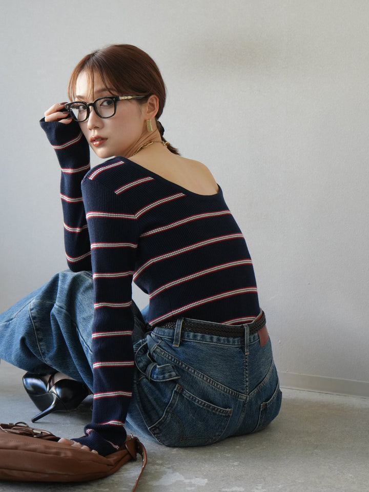 【SET】後開條紋毛圈羅紋上衣+畫家曲線牛仔褲（2件組）