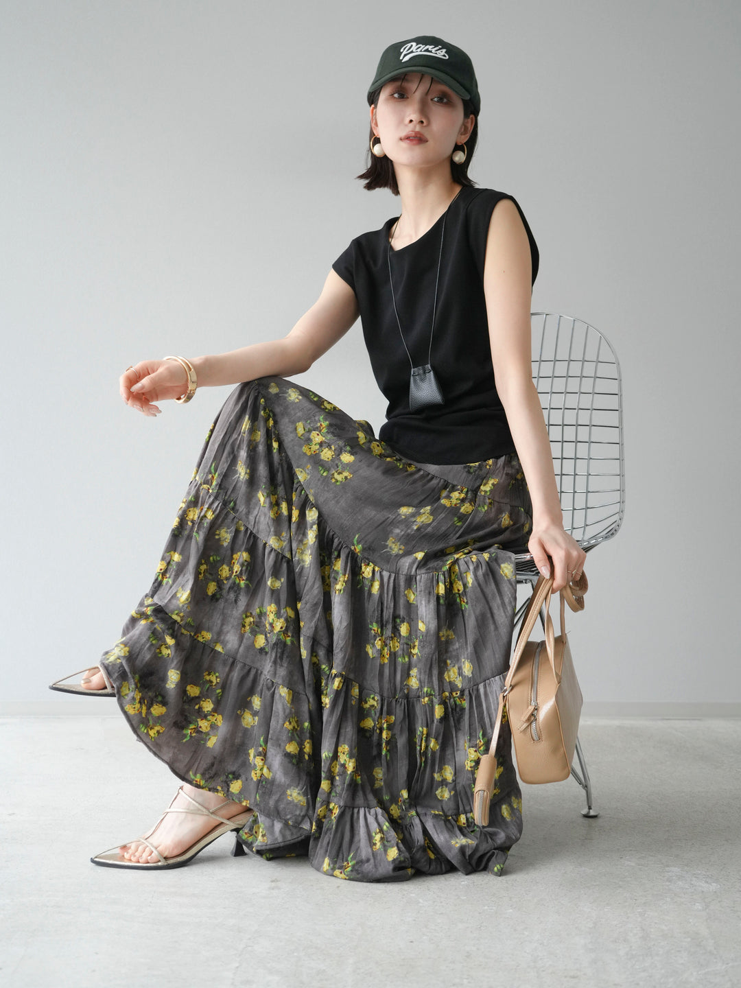 [予約]サイドギャザーTシャツ＆巾着レザーネックレスSET /ブラック