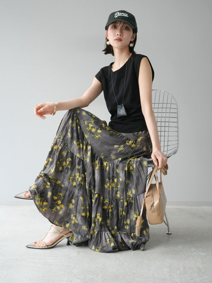 [予約]サイドギャザーTシャツ＆巾着レザーネックレスSET /ブラック