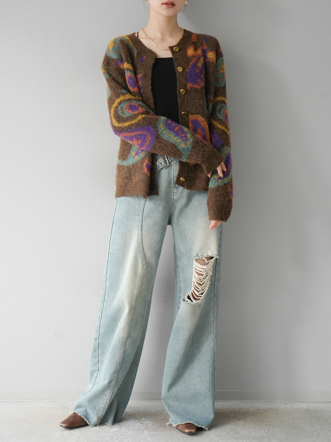 [套裝] 混紡紗佩斯利針織開襟衫 + 可選飾品套裝（2套）