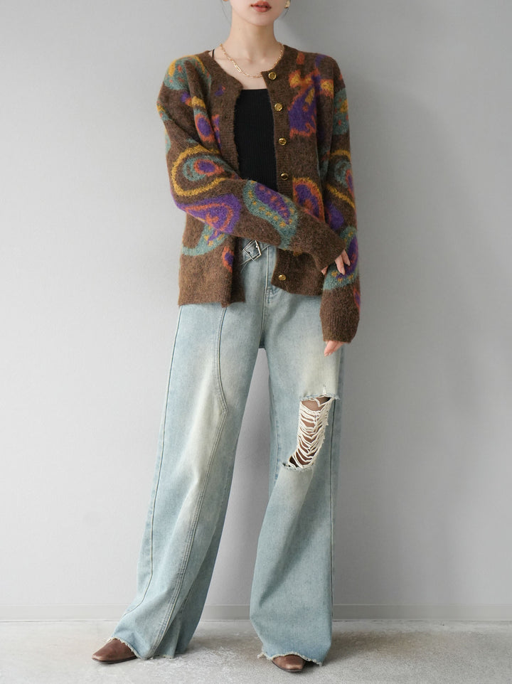 [套裝] 混紡紗佩斯利針織開襟衫 + 可選飾品套裝（2套）