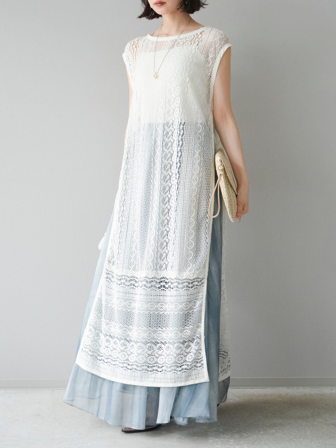 [予約]インド製レースレイヤードワンピース/オフ