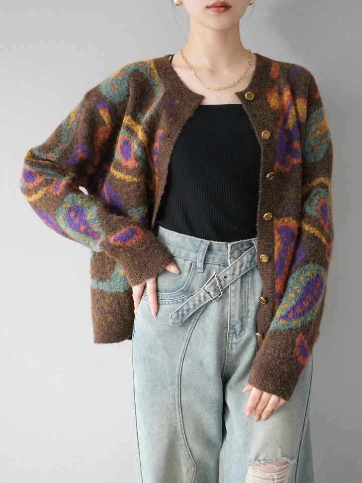 [套裝] 混紡紗佩斯利針織開襟衫 + 可選飾品套裝（2套）