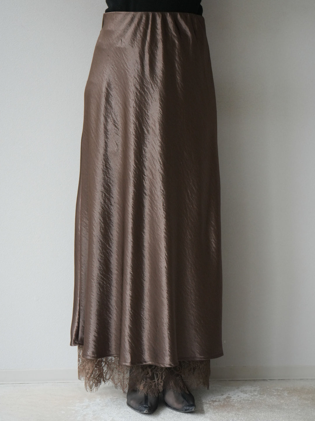 [予約]裾レースサテンナロースカート/ブラウン
