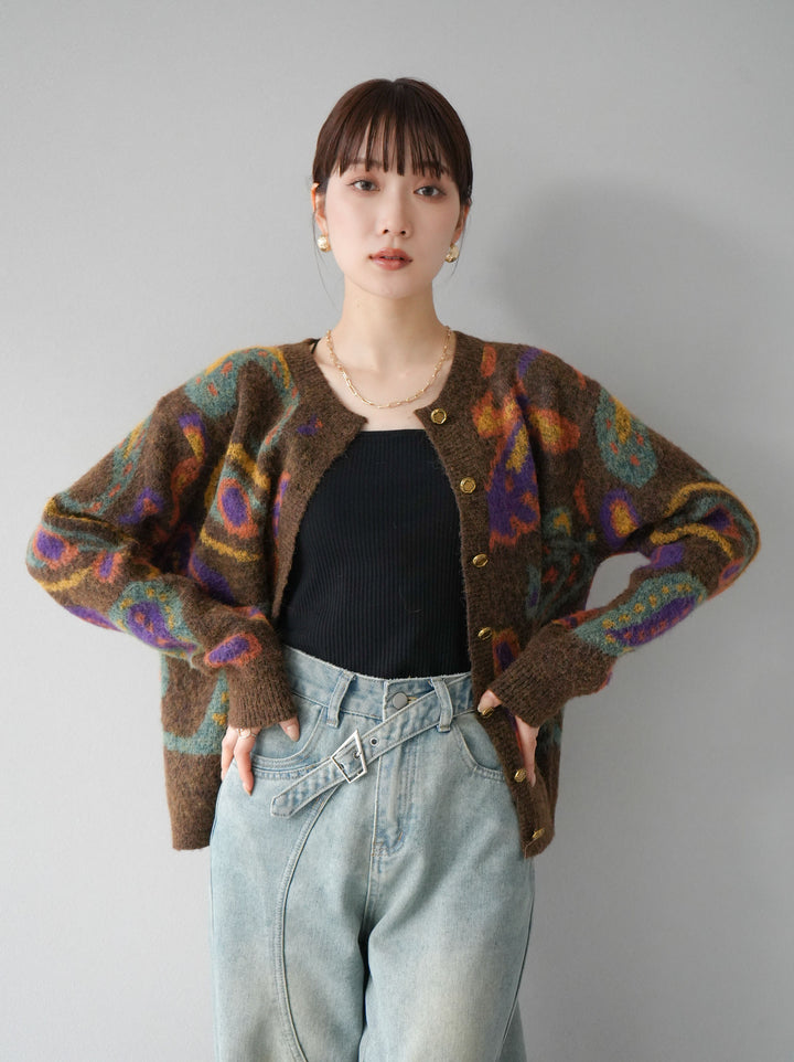 [套裝] 混紡紗佩斯利針織開襟衫 + 可選飾品套裝（2套）