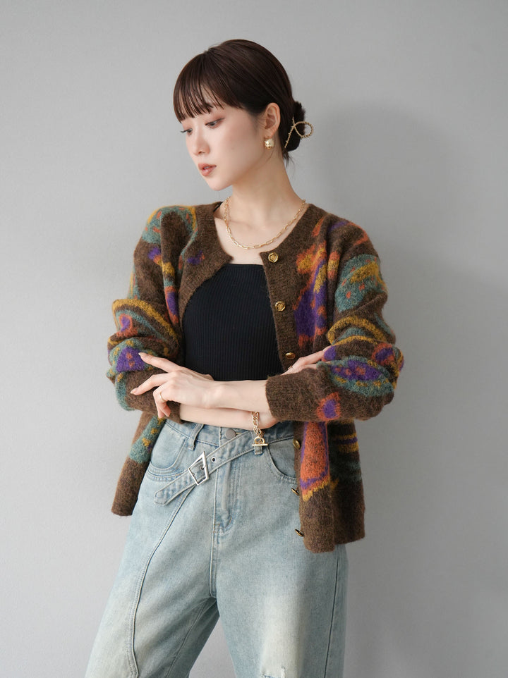 [套裝] 混紡紗佩斯利針織開襟衫 + 可選飾品套裝（2套）