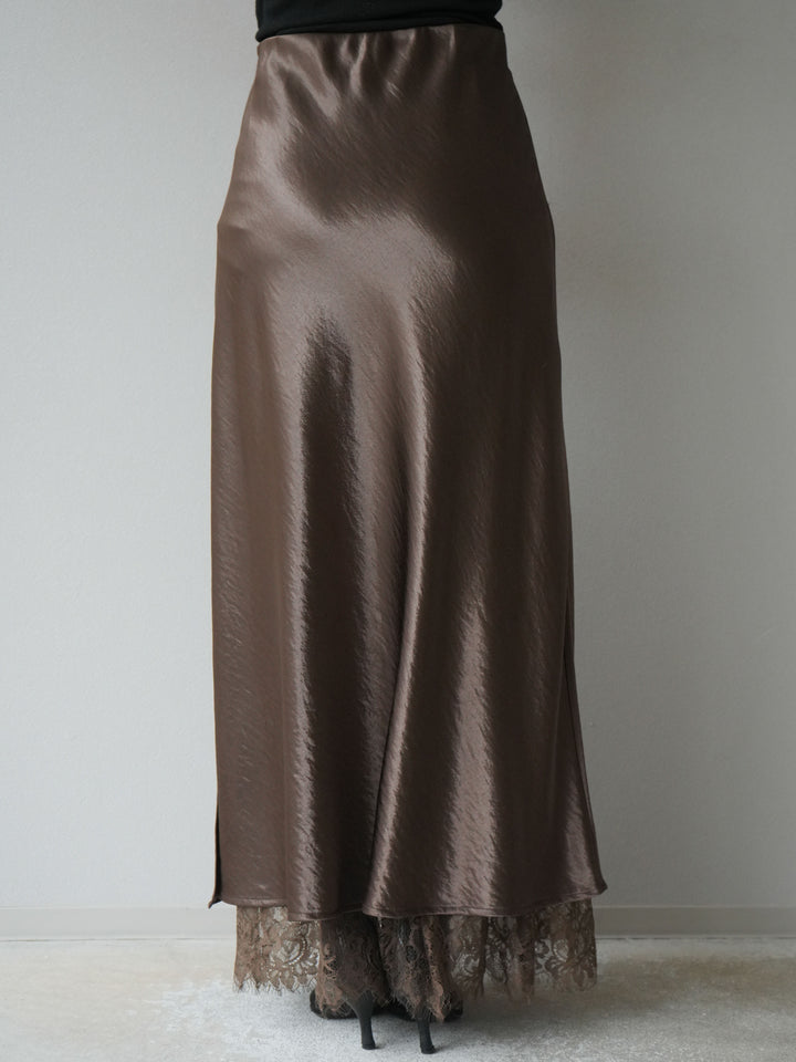 [予約]裾レースサテンナロースカート/ブラウン