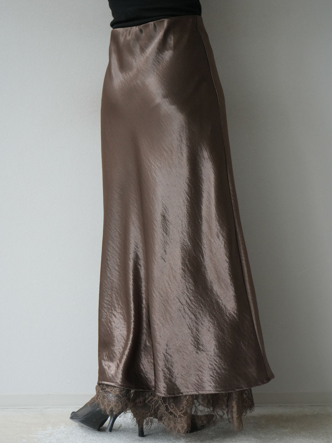 [予約]裾レースサテンナロースカート/ブラウン