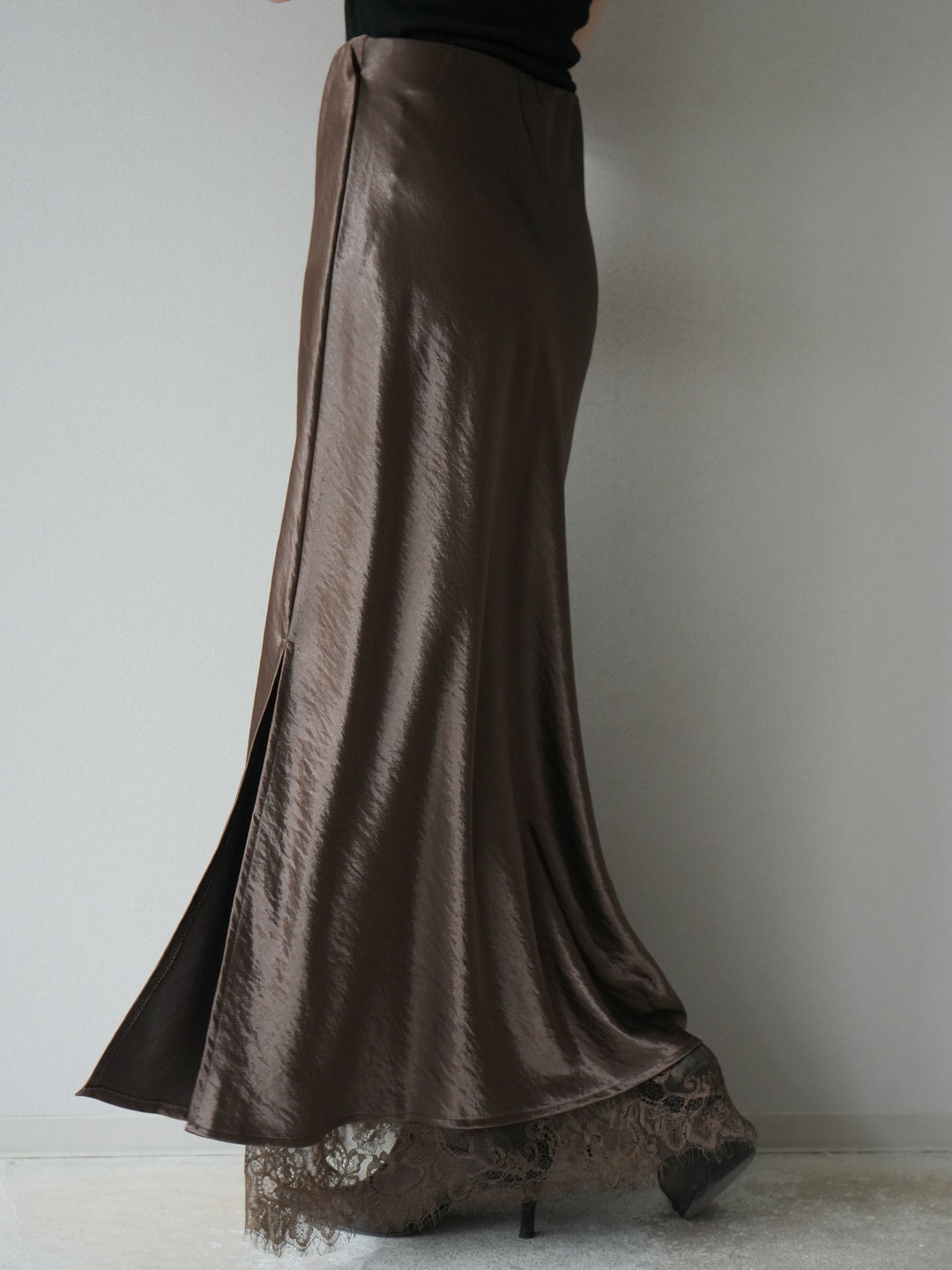 [予約]裾レースサテンナロースカート/ブラウン