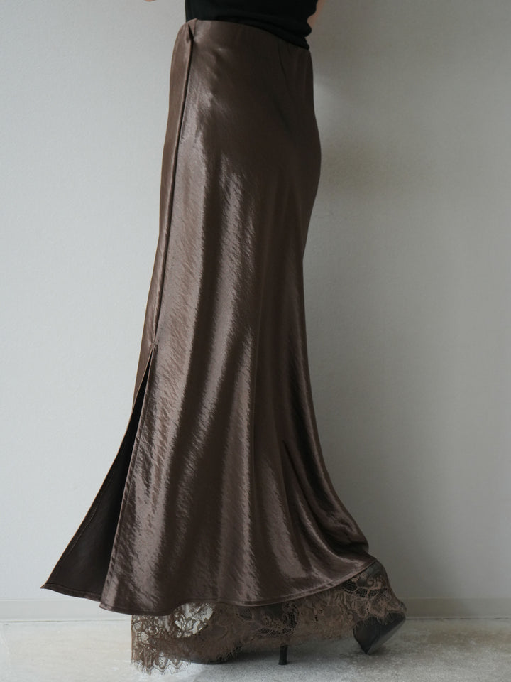 [予約]裾レースサテンナロースカート/ブラウン