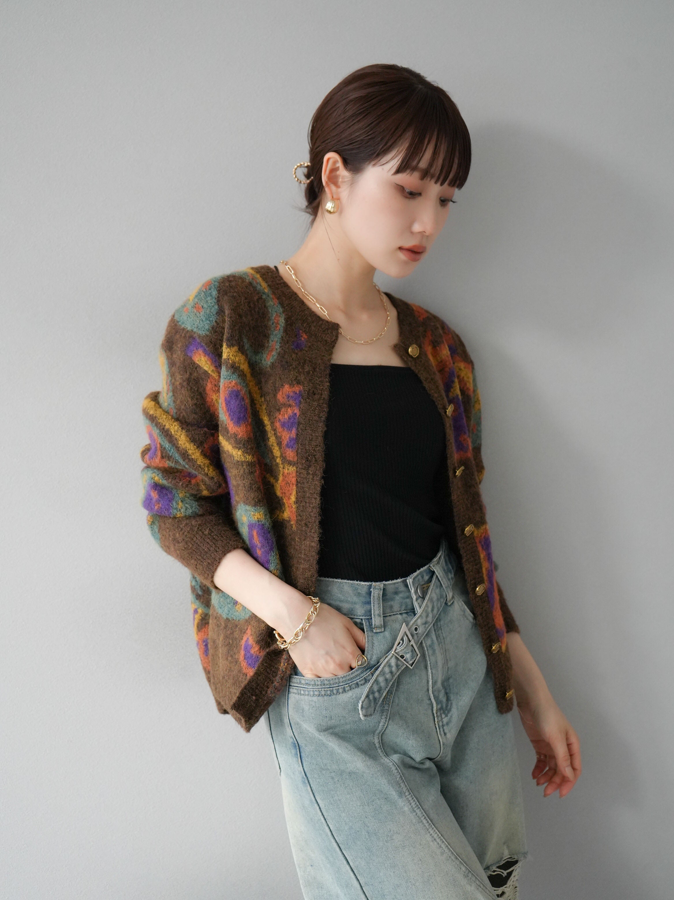 SET]ミックスヤーンペイズリー柄ニットカーディガン+選べるアクセ