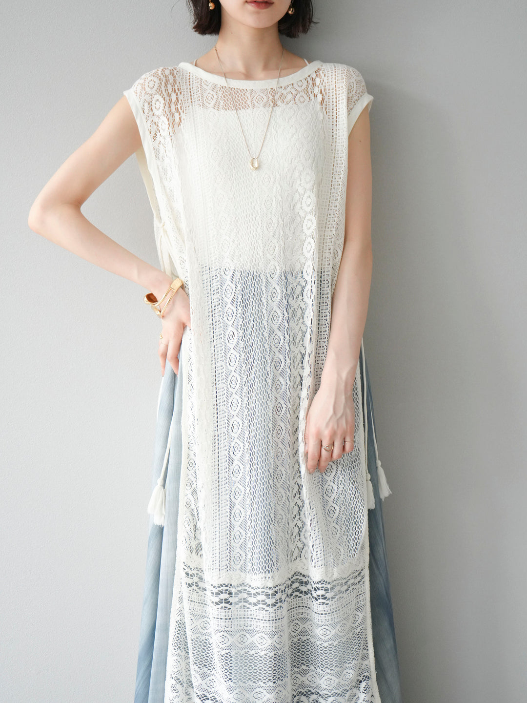 [予約]インド製レースレイヤードワンピース/オフ