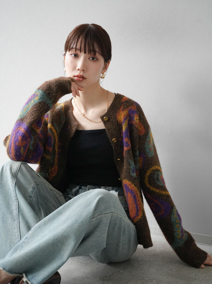 [套裝] 混紡紗佩斯利針織開襟衫 + 可選飾品套裝（2套）