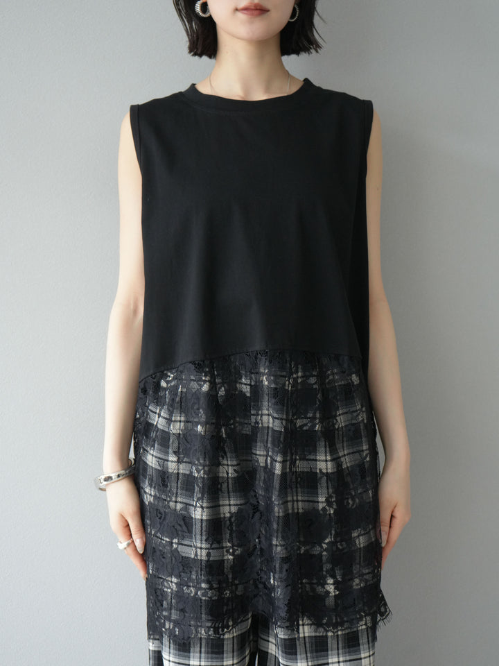 [予約]レース切替ノースリトップス/ブラック