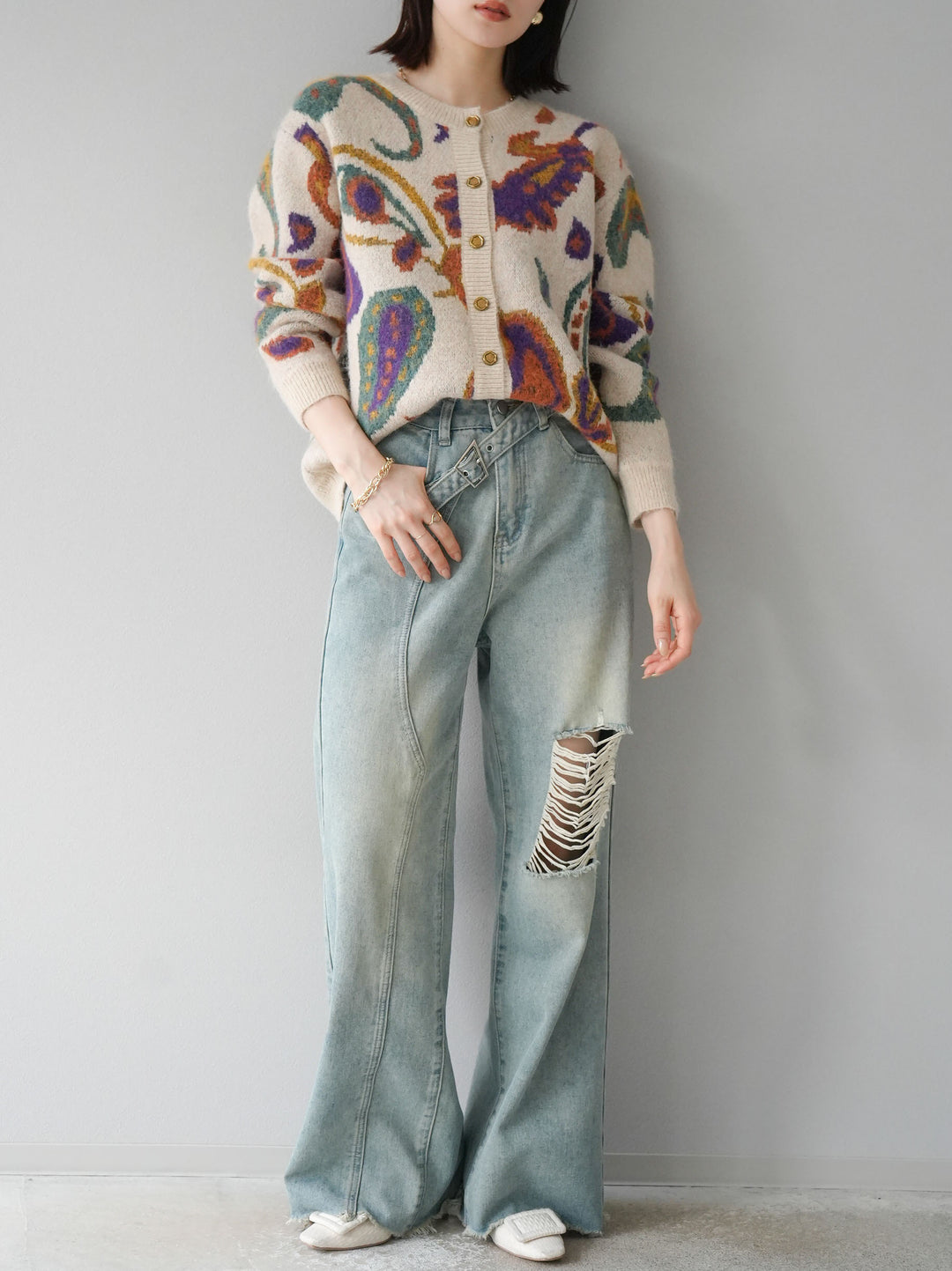 [套裝] 混紡紗佩斯利針織開襟衫 + 可選飾品套裝（2套）