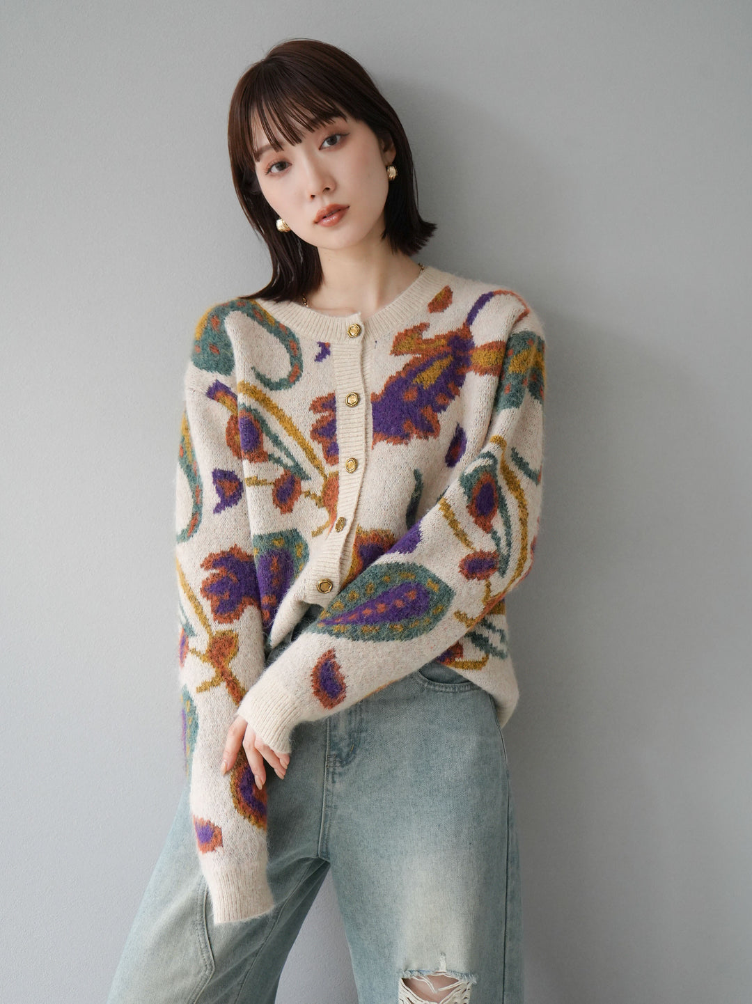 [套裝] 混紡紗佩斯利針織開襟衫 + 可選飾品套裝（2套）