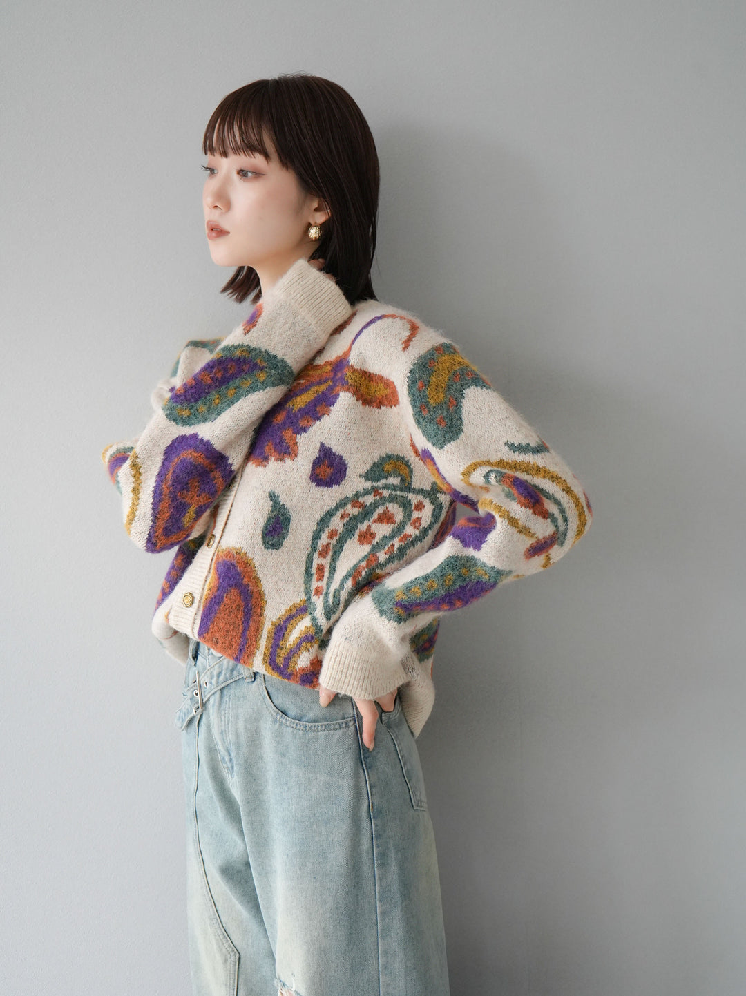 [套裝] 混紡紗佩斯利針織開襟衫 + 可選飾品套裝（2套）