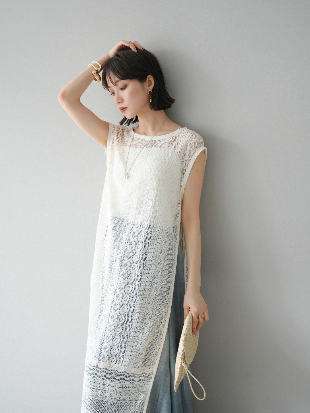 [予約]インド製レースレイヤードワンピース/オフ
