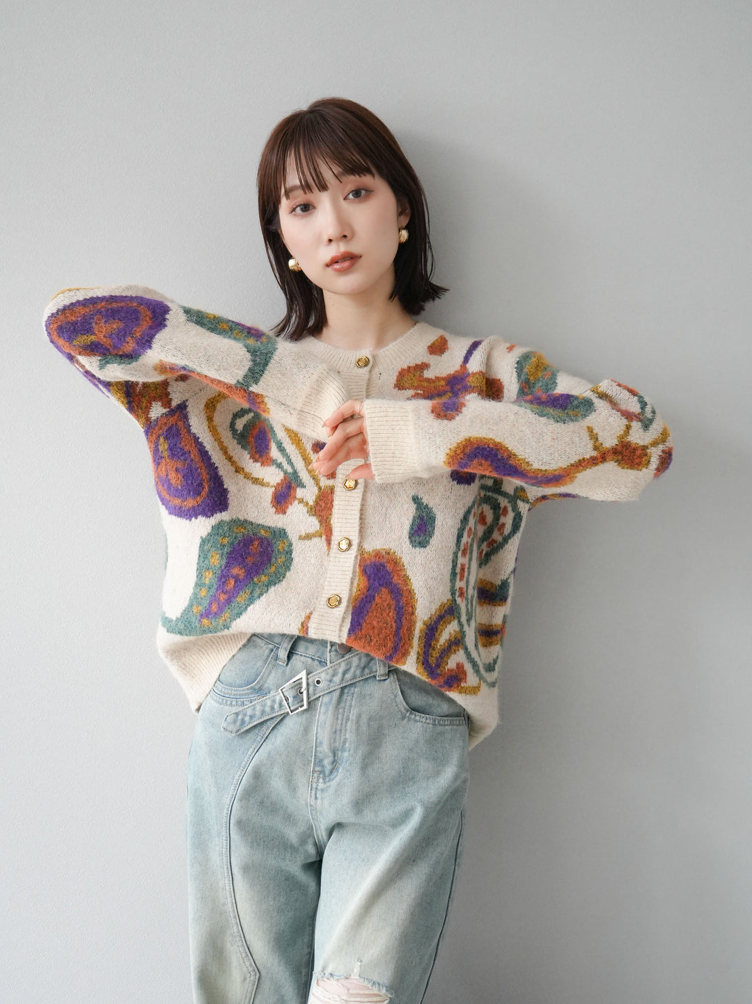 [套裝] 混紡紗佩斯利針織開襟衫 + 可選飾品套裝（2套）