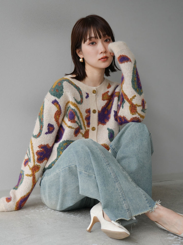 [套裝] 混紡紗佩斯利針織開襟衫 + 可選飾品套裝（2套）